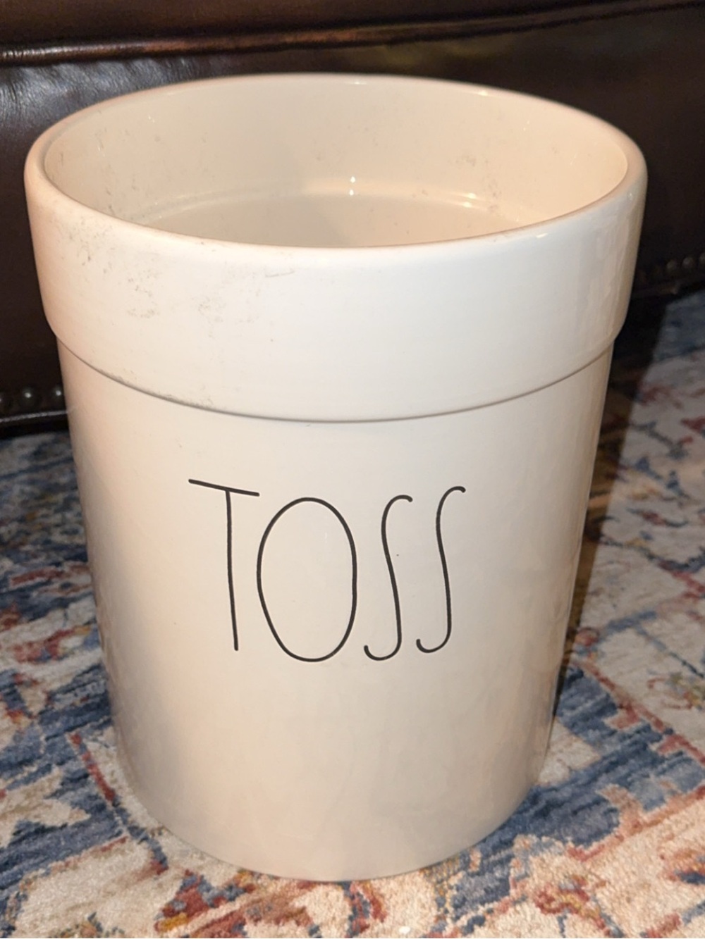 RAE DUNN HTF Ceramic 'TOSS' Kitchen Trash Can/Canister - White